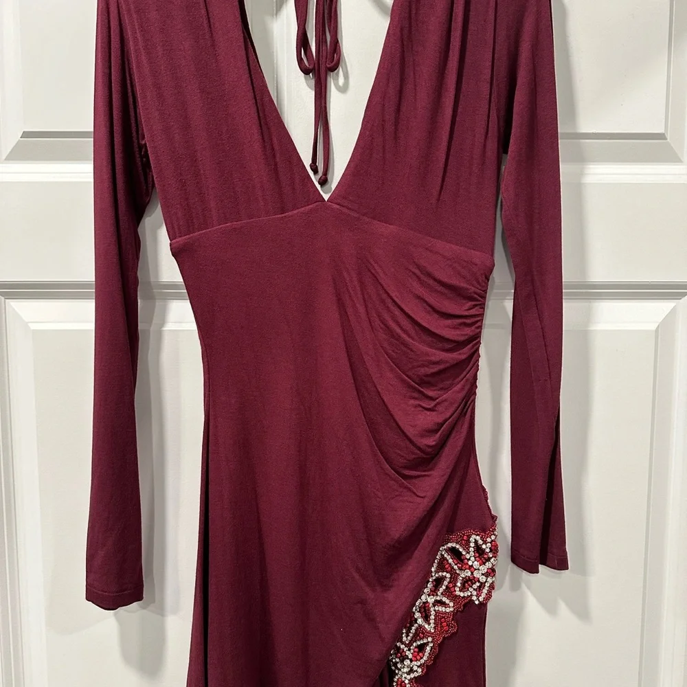 Sky Clothing Dress with crystals and slit Size Small Burgundy Maroon Color - Picture 4 of 7